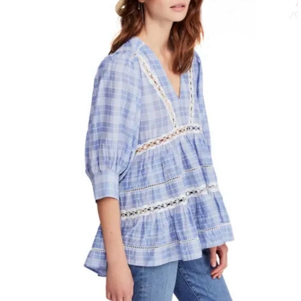 Free People Light Blue Plaid Lace-Trim Peasant Tunic